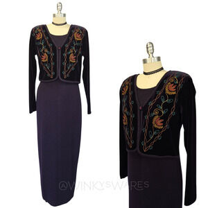 Vintage 90s Carole Little Sweater Maxi Dress Size M Purple Velvet Embroidered